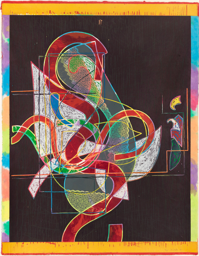 Abstract colorful artwork with swirling lines and shapes on a black background, bordered by a rainbow frame.